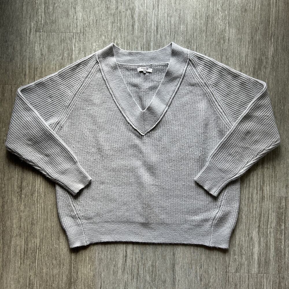 ✨ FRNCH Paris Gray V-Neck Ribbed Knit Boxy Oversized Pullover Sweater Sz Medium